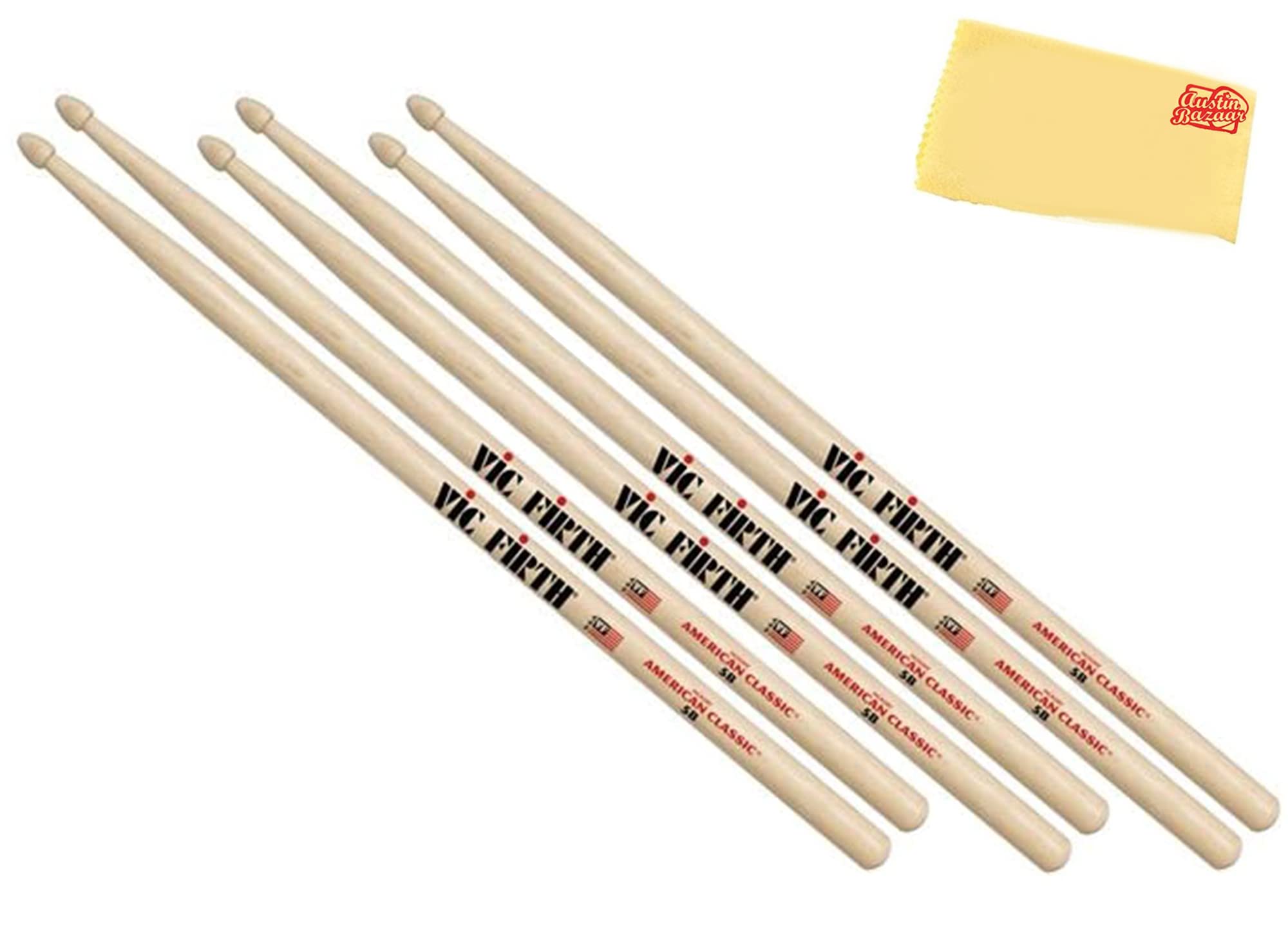 Vic Firth American Classic 5B Wood-Tipped Drumsticks - 3-Pack Bundle with Austin Bazaar Polishing Cloth