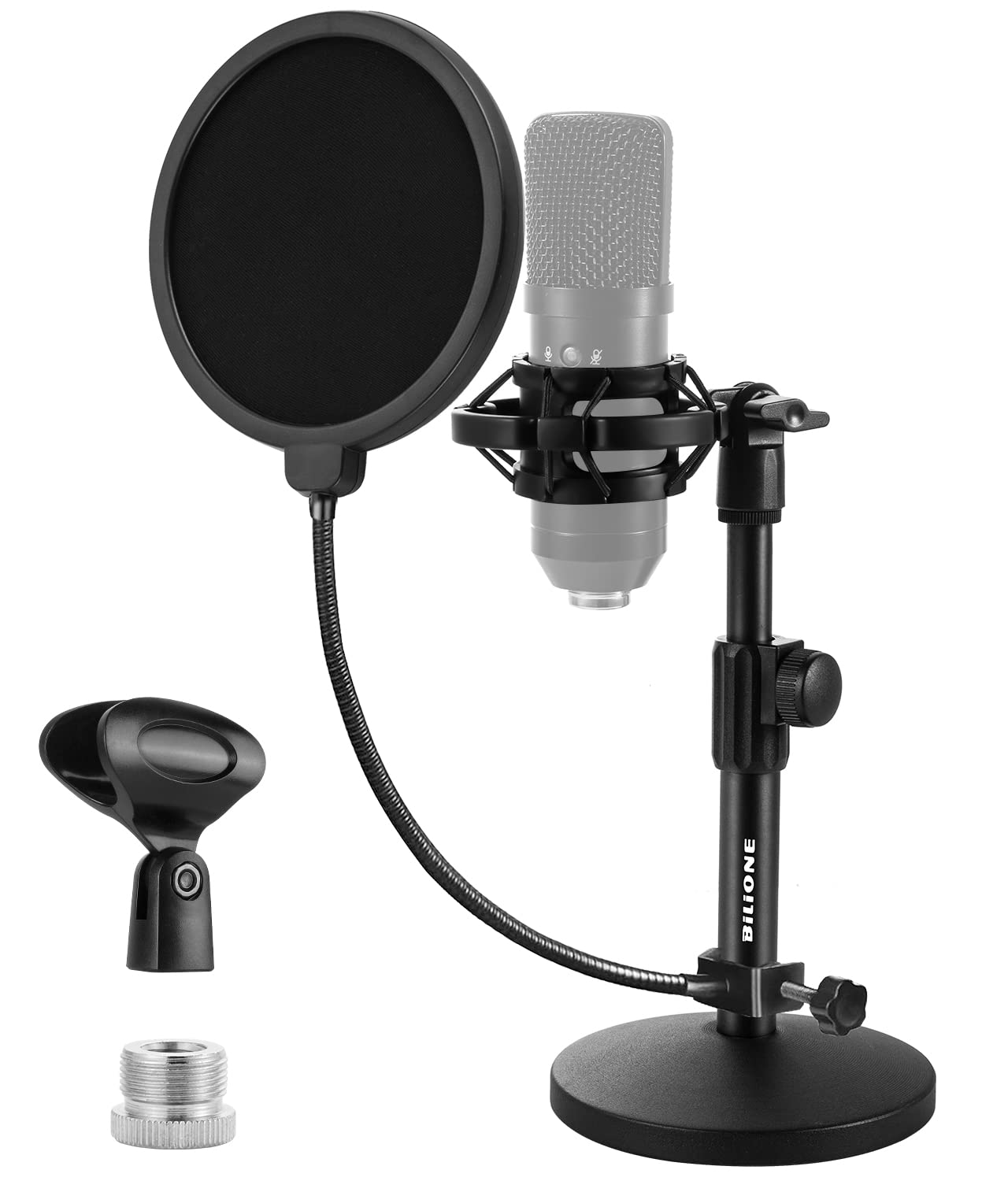 Bilione Upgraded Desktop Microphone Stand, Adjustable Mic Stand Desk With Pop Filter, Shock Mount, Microphone Clip, 5/8'' To 3/8