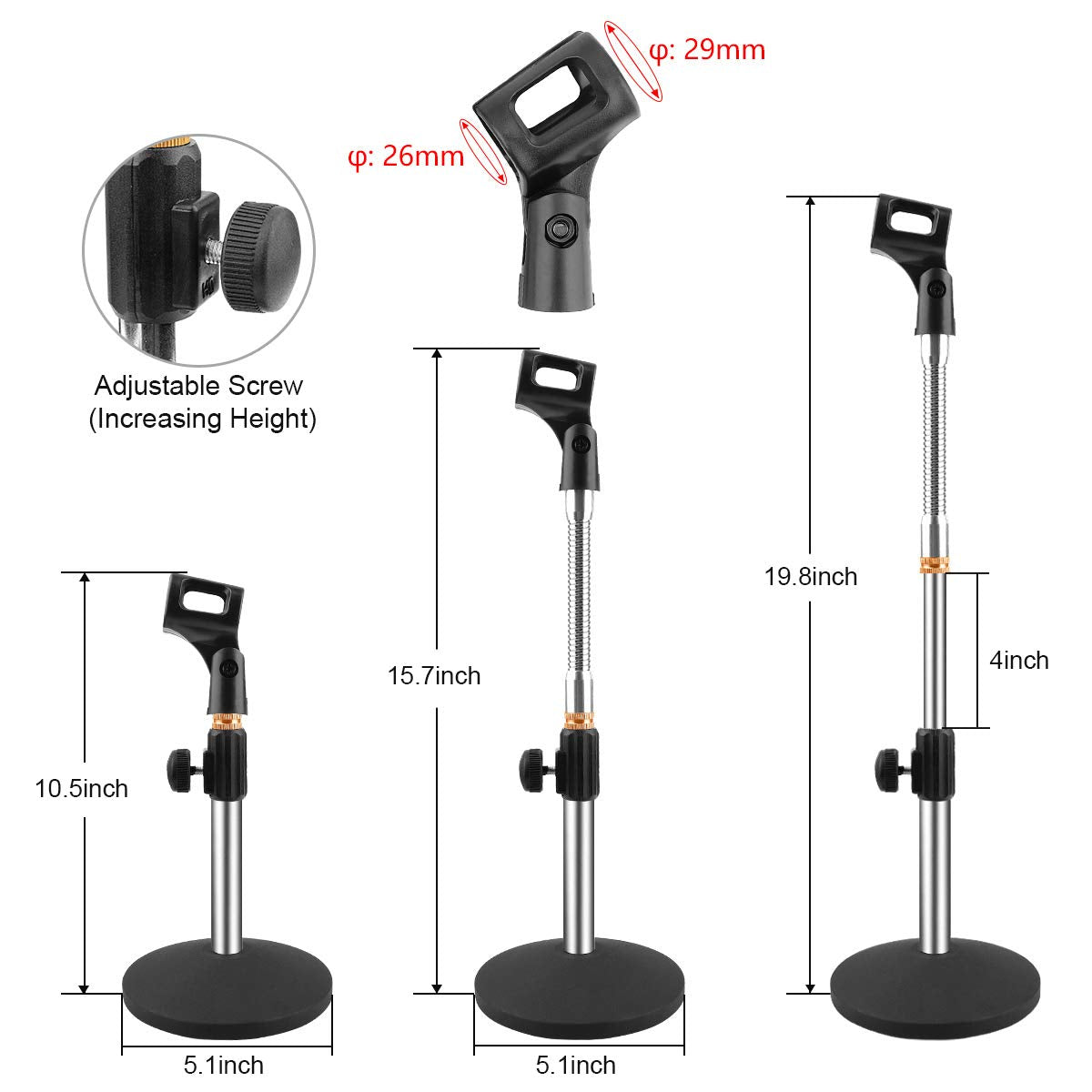 Eison Microphone Stand Desk Mic Stand Desktop Microphone Stand Adjustable Tabletop Microphone Stand with Gooseneck Mic Clip 5/8
