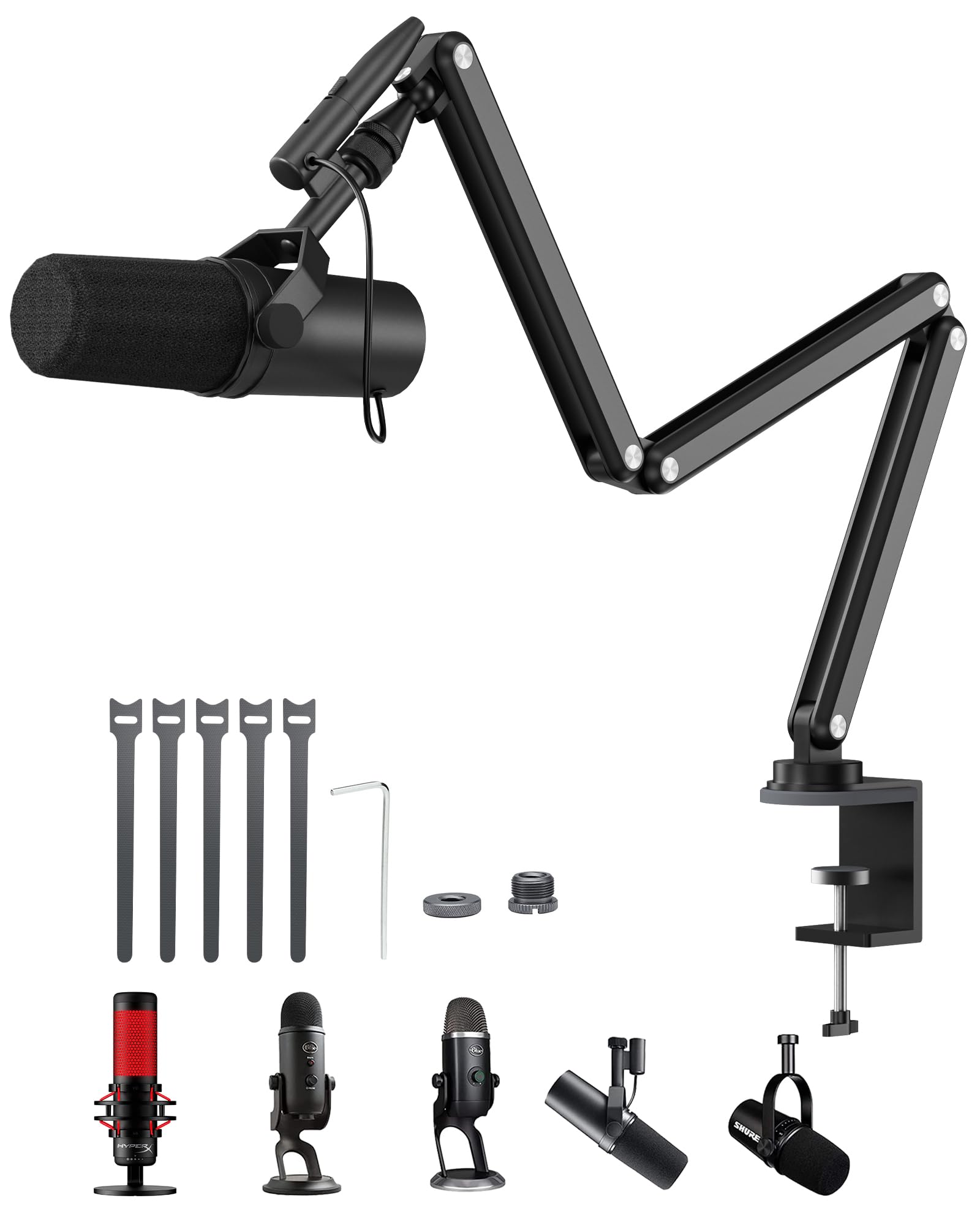 KU XIU Aluminum Alloy Boom Arm Microphone Stand for Desk, Three-Section Adjustable Mic Arm Mount with Cable Management Channels 