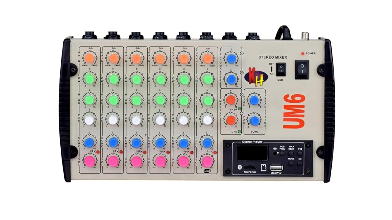 kh 6 Channel Live Sound Mixer with USB & Bluetooth Stereo Digital Echo Mixer Console with MIC Inputs, EQ, PAN, Fader, Gain Contr