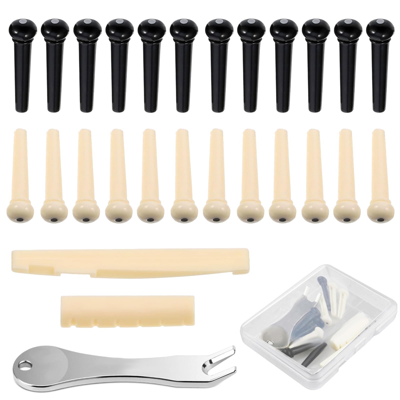 24 Pcs Acoustic Guitar Bridge Pins with Bridge Pin Puller Remover & Guitar Bridge Saddle Nut, Guitar Pegs Replacement Parts and 