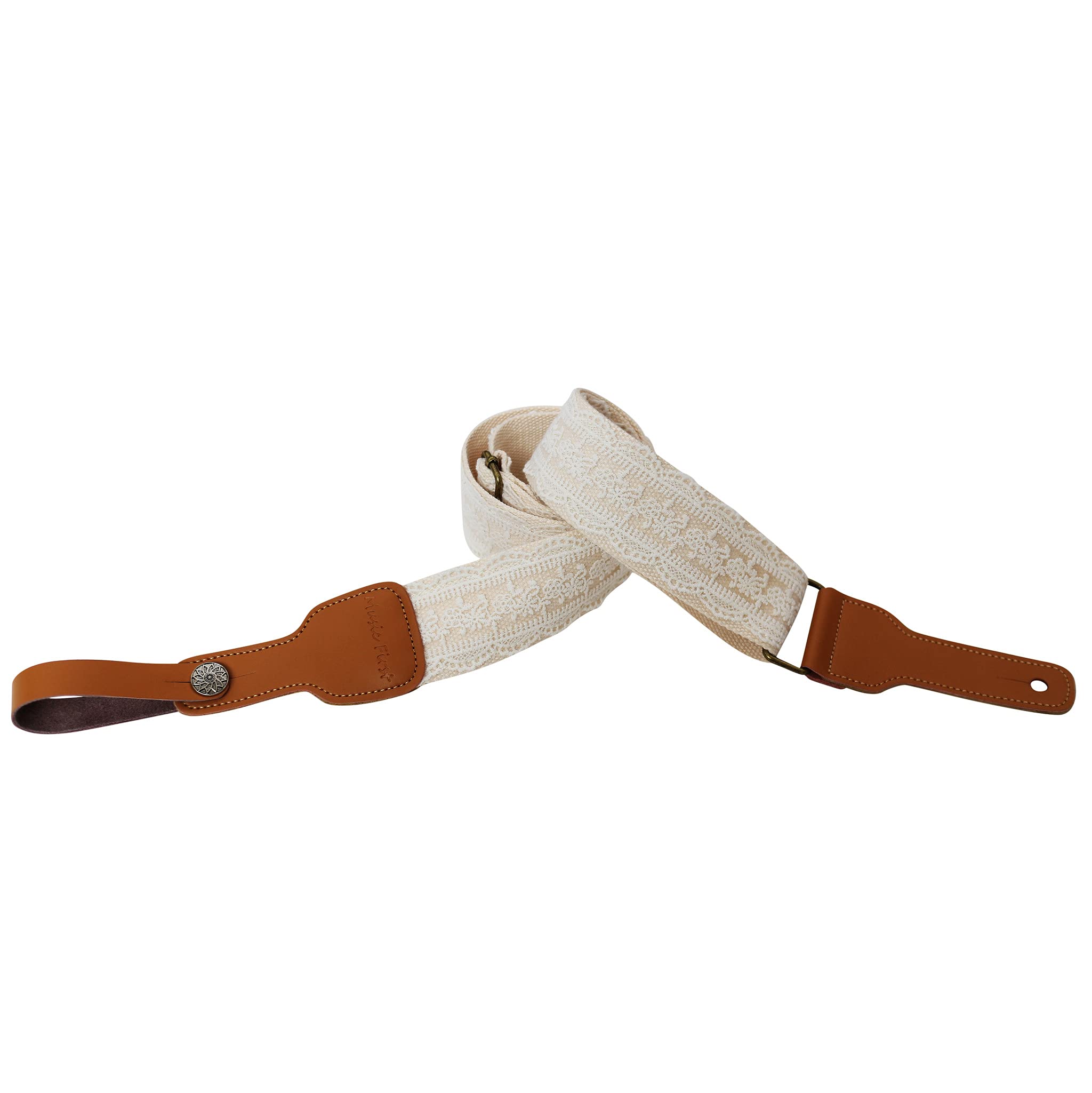 MUSIC FIRST Original Design, 2 inch width (5cm), White Graceful & Vintage''Lace'' Soft Lace & Genuine Leather Delux Guitar Strap