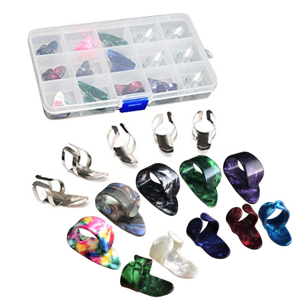 15Pcs Stainless Steel Celluloid Thumb Finger Guitar Picks Plectrum + 15 Grid Case Storage Box