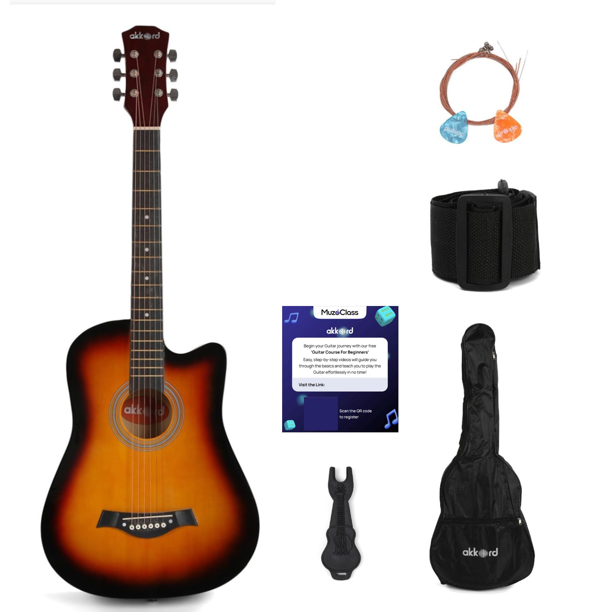 Akkord Basswood 38 Inch Acoustic Cutaway Guitar Kit With Gigbag, Strings, Picks, Strap And Key - Glossy Sunburst | Complete Guit