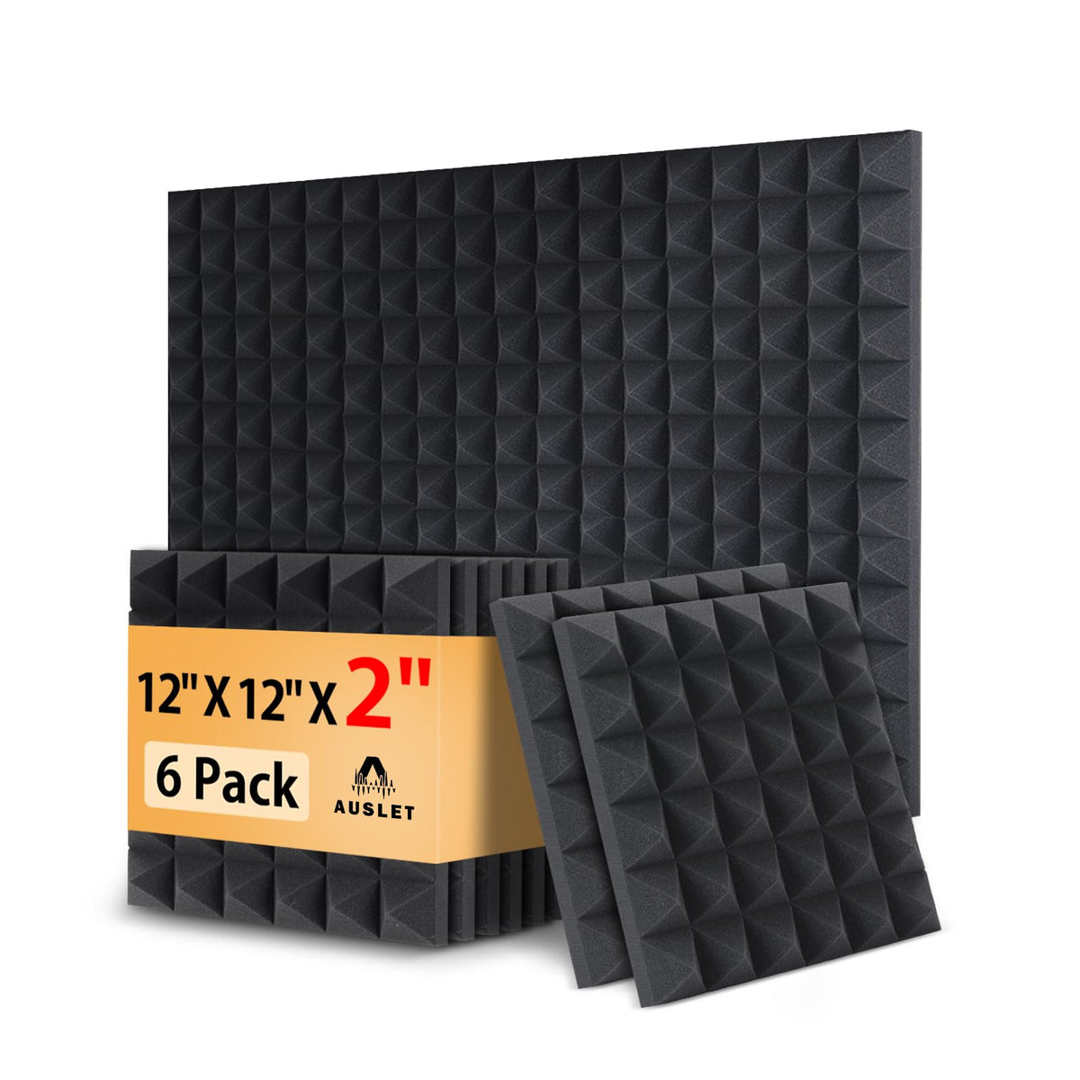 Auslet 6 Pack Sound Proof Foam 12'' X 12'' X 2'' High Density Acoustic Panels Fire Resistant Pyramid Sound Proofing Foam For Hom