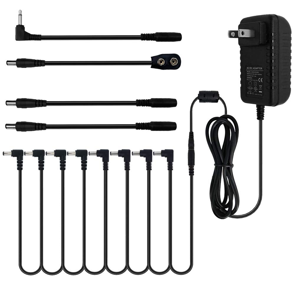 pigtone Pedal Power Supply Adapter 9V DC 2A 2000ma Tip Negative 8 Way Daisy Chain Cables for Guitar Effect Pedals