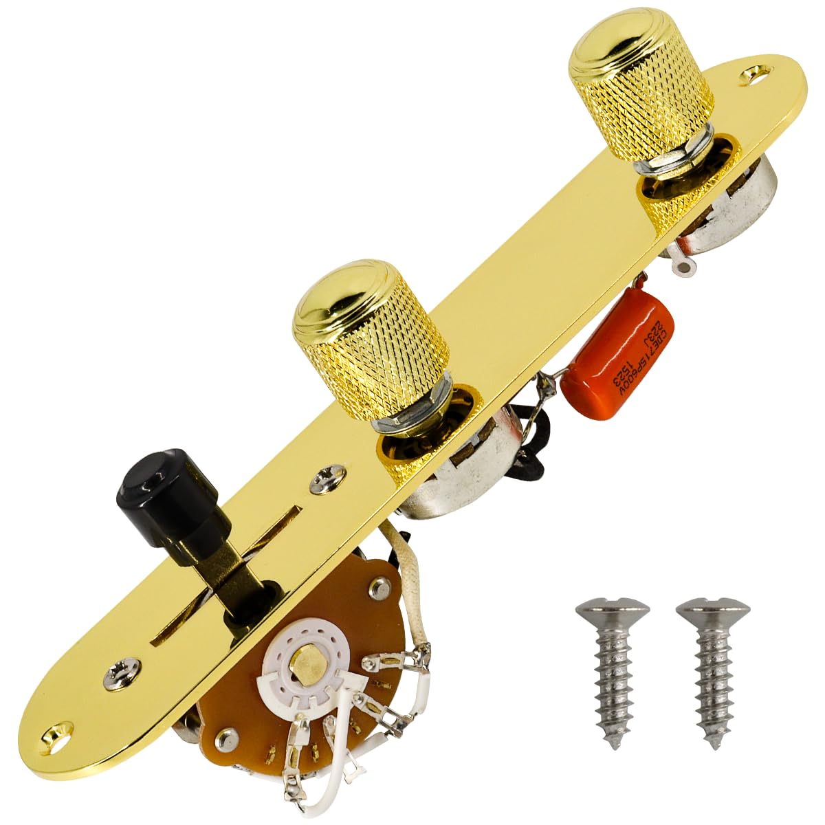 Domofa Loaded Guitar Control Plate Prewired 3-Way Switch 250K Large Potentiometers Knurled Volume Tone Controls Knobs for Tele/T