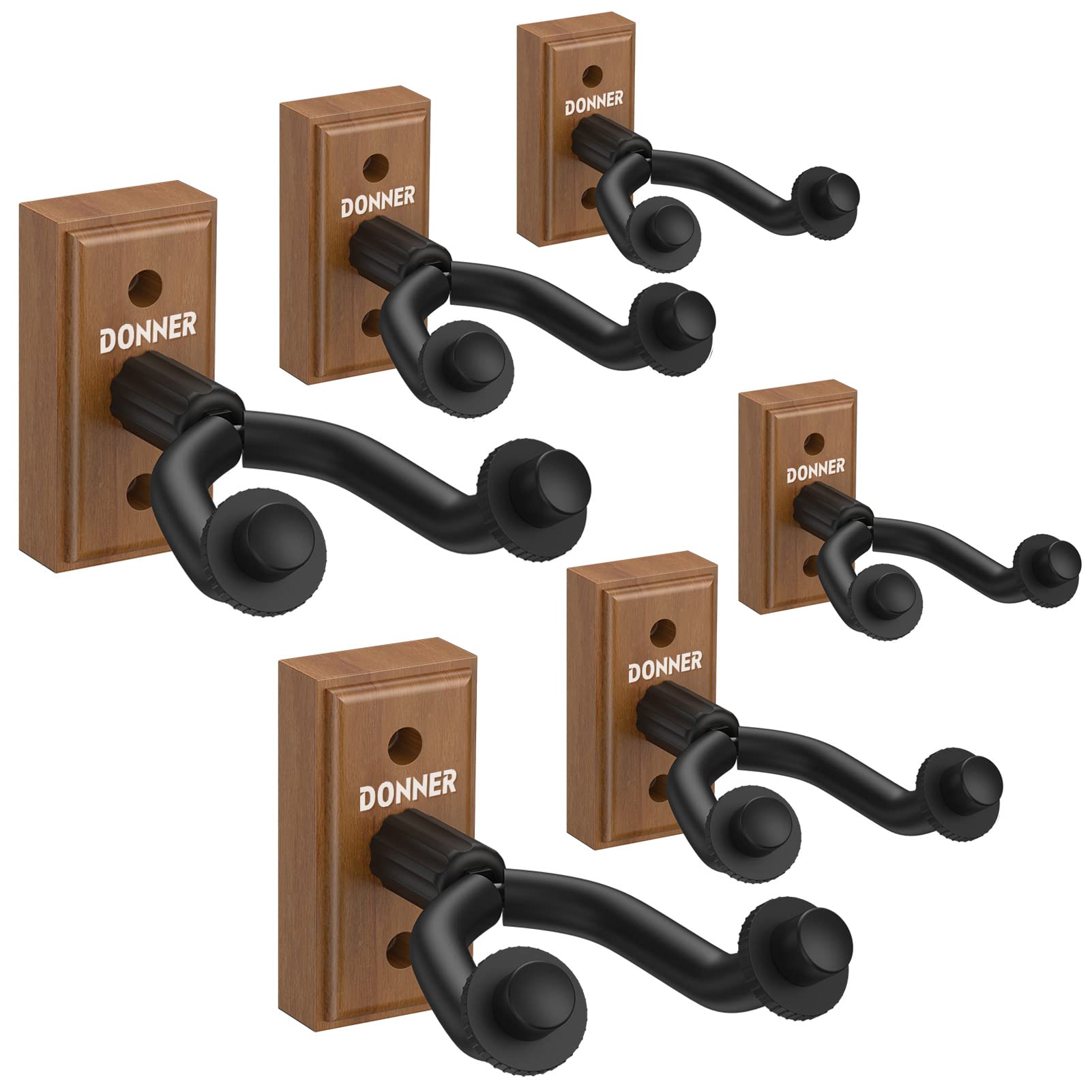 Donner Guitar Wall Mount Hanger 6-Pack, Black Walnut Guitar Wall Holder For Acoustic Electric Guitars, Bass, Folk Ukulele, Violi