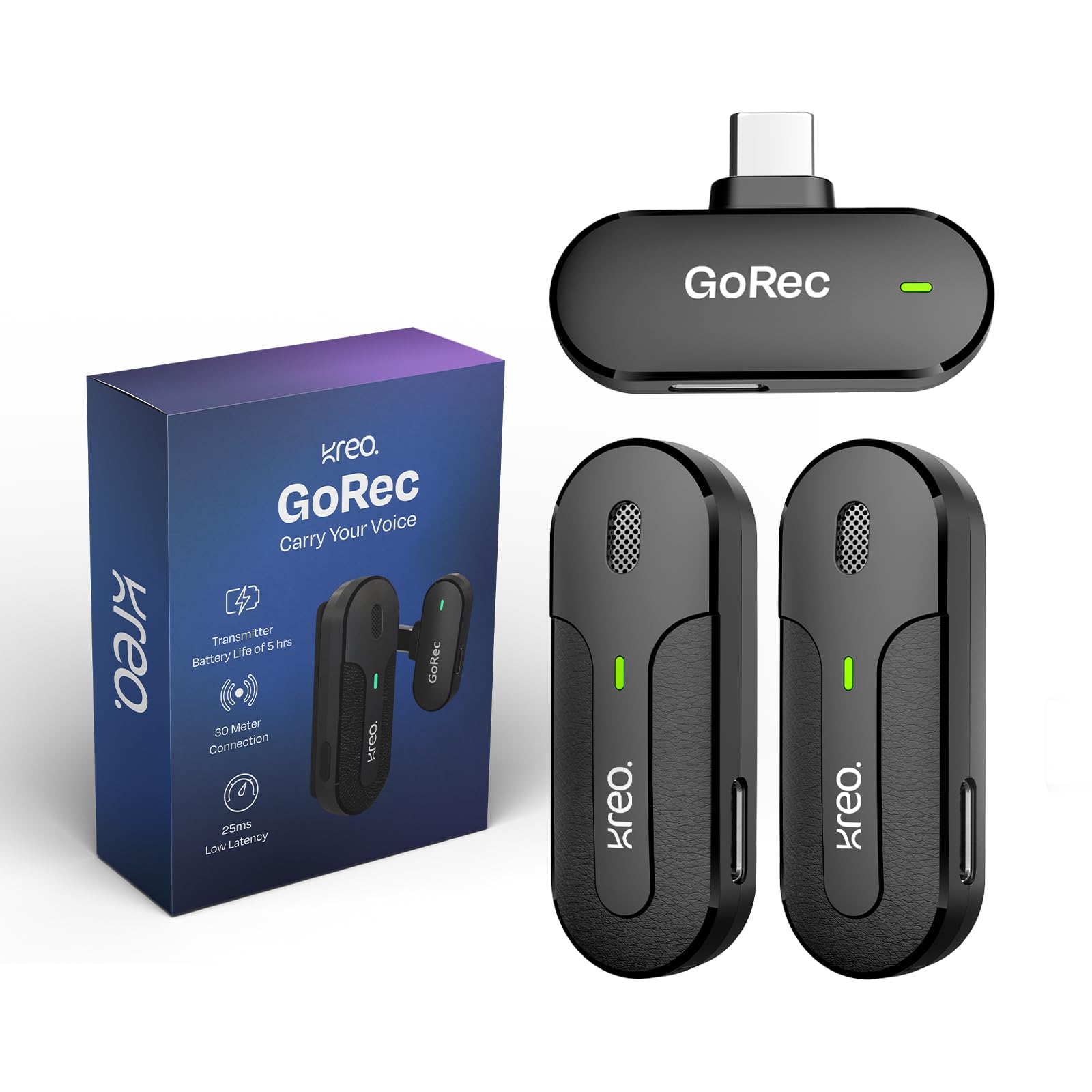 Kreo Gorec Professional Wireless Mic, Dual Transmitter, Usb-C Support With Android, Long Battery, UltraLow Latency, Lightweight 
