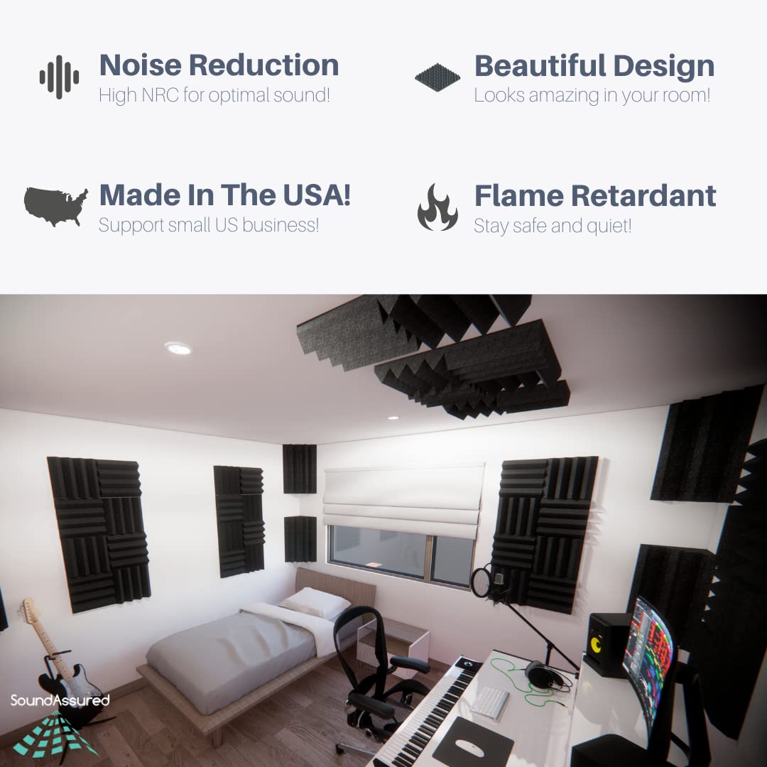 Soundproofing Acoustic Studio Foam - Bass Absorbing Wedge Style Panels 2 Pack 12in x 12in x 3 Inch Thick Tiles (Charcoal)