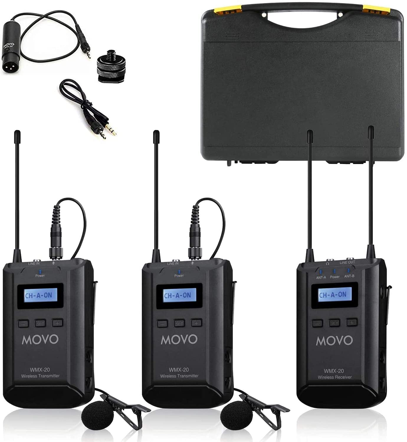 Movo WMX-20-DUO 48-Channel UHF Wireless Lavalier Microphone System with 1 Receiver, 2 Transmitters, and 2 Lapel Microphones Comp