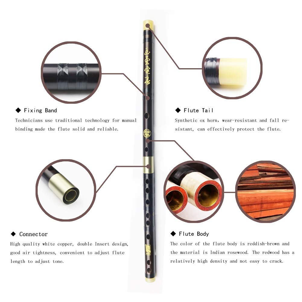 D Key Dizi Professional Rosewood Flute with Free Membrane & Glue & Protector Set Traditional Chinese Instrument (Key of D/Profes