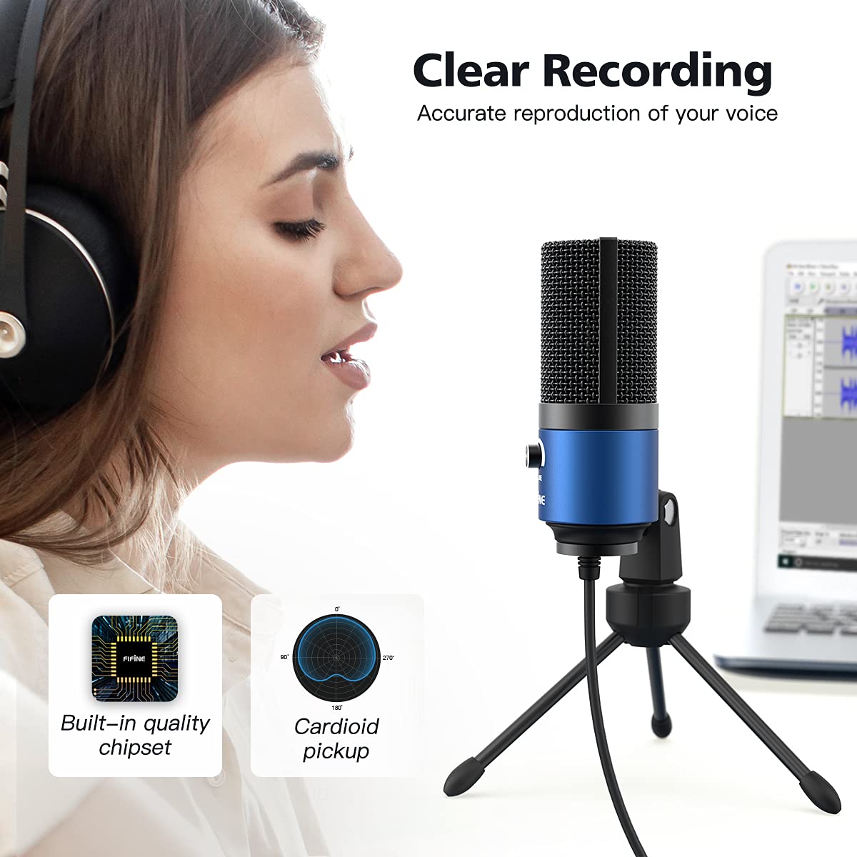 FIFINE USB Computer Microphone for Recording YouTube Video Voice Over Vocals for Mac & PC, Condenser Mic with Gain Control for H
