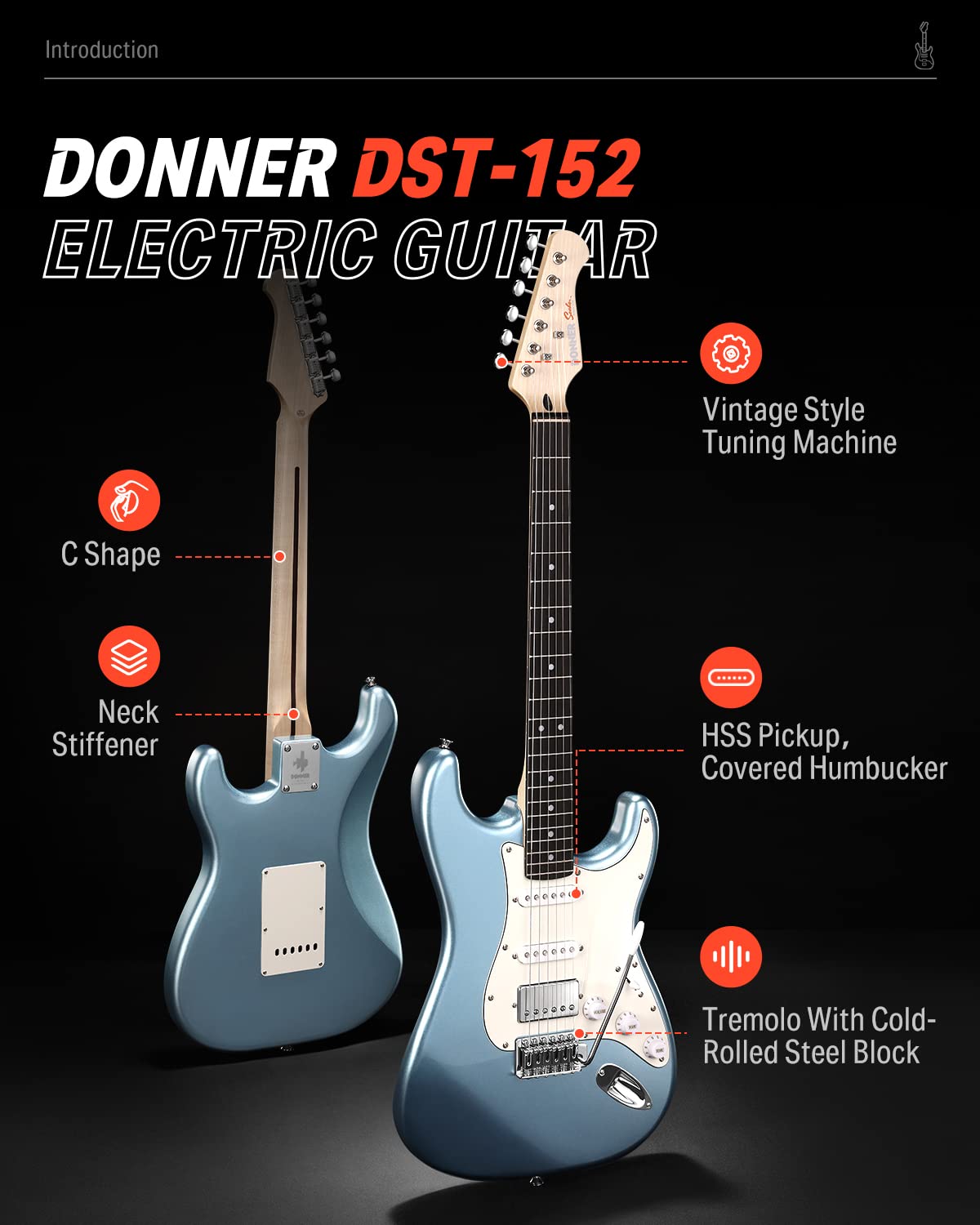 Donner DST-152R Electric Guitar, 39'' Beginner Electric Guitar Kit, HSS Pickup with Coil Split, Guitar Starter Set with Amp, Bag