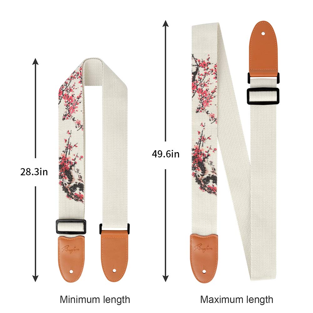 Rinastore Acoustic Guitar Strap, Embroidered Straps with Real Leather Ends for Electric & Bass Guitars with Button & 2 Locks