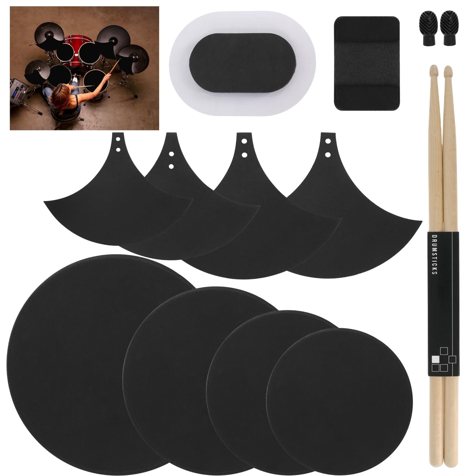 12-Piece Drum Mute Pads Set - Foam Drum Silencer Pads for 10 12 14 16 Inch Drums with Cymbal Mufflers and Hi-Hat Pad - Noise Red