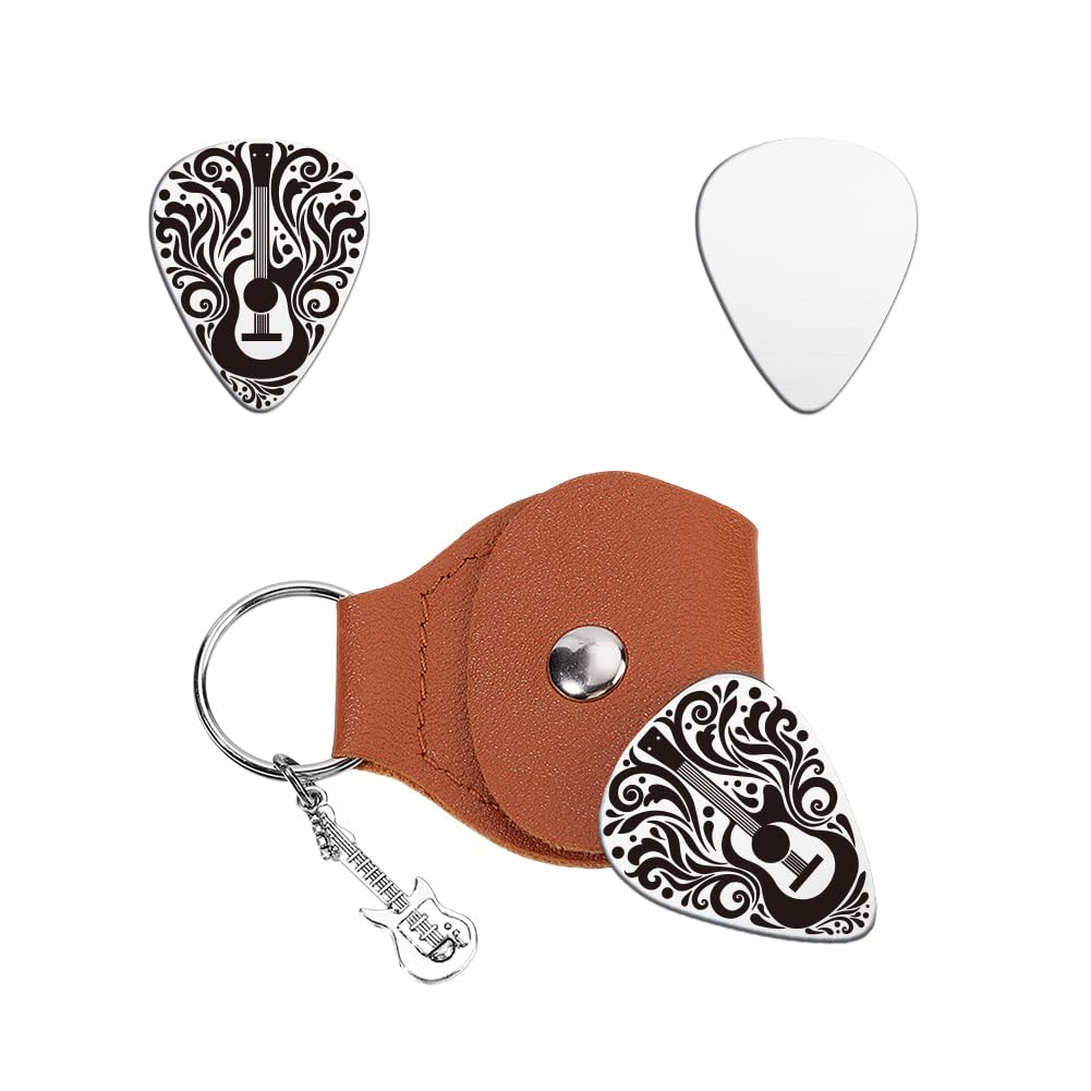 UNICRAFTALE 1Pcs Personalized Guitars Pick Gifts Guitar Pick Keychain Musical Instruments Stainless Steel Guitar Picks with PU L