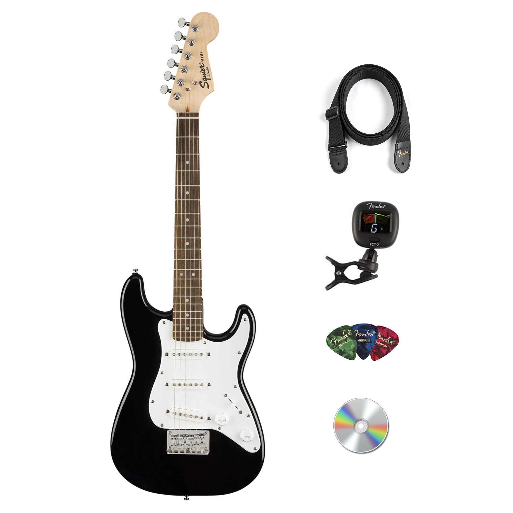 Fender Squier 3/4 Size Kids Mini Strat Electric Guitar Learn-to-Play Bundle with Tuner, Strap, Picks, Fender Play Online Lessons
