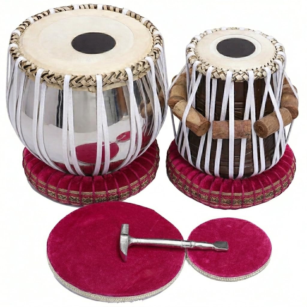 Sg Musical Tabla Set, Steel Bayan And Wooden Dayan, Polished Finish, With Cushion Rings And Tuning Hammer, Traditional Indian Pe