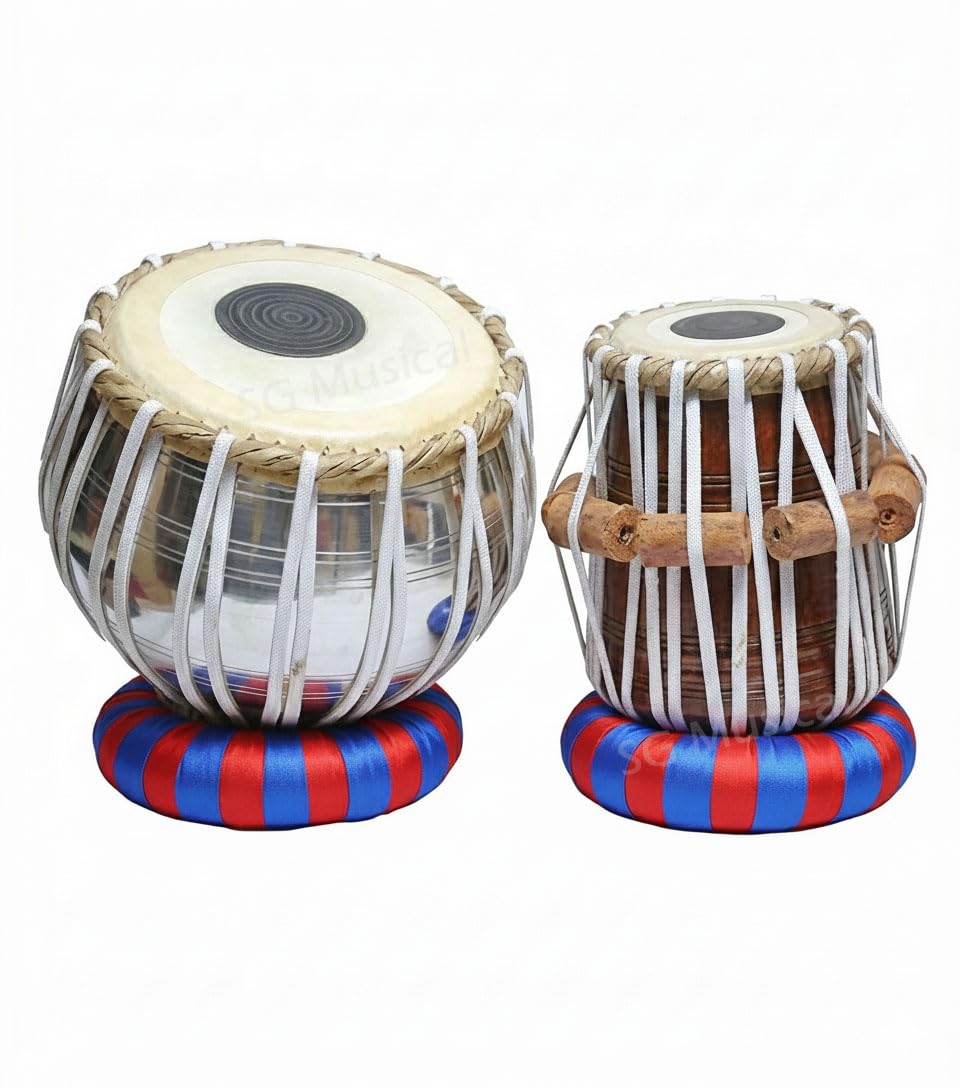 Tabla Set Percussion Drums With Metal Bayan - Includes Base Rings, Head Covers
