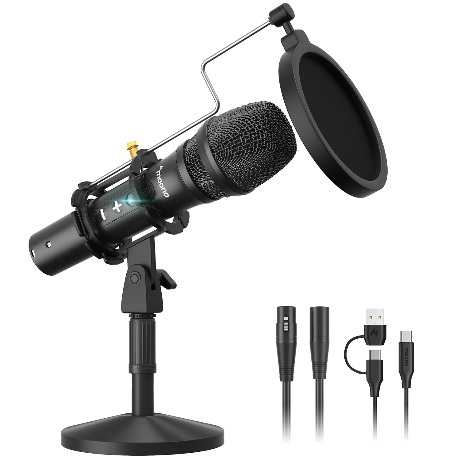 MAONO USB/XLR Podcast Dynamic Microphone, Studio Mic Kit with Volume Control, Shock Mount, Pop Filter, Ideal for Vocal, Instrume