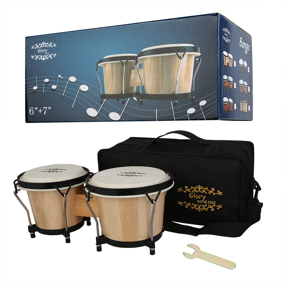 Glory Bongo Drums 6    and 7    Wood Percussion Instrument Bongos with bag and tuning Key,Natural
