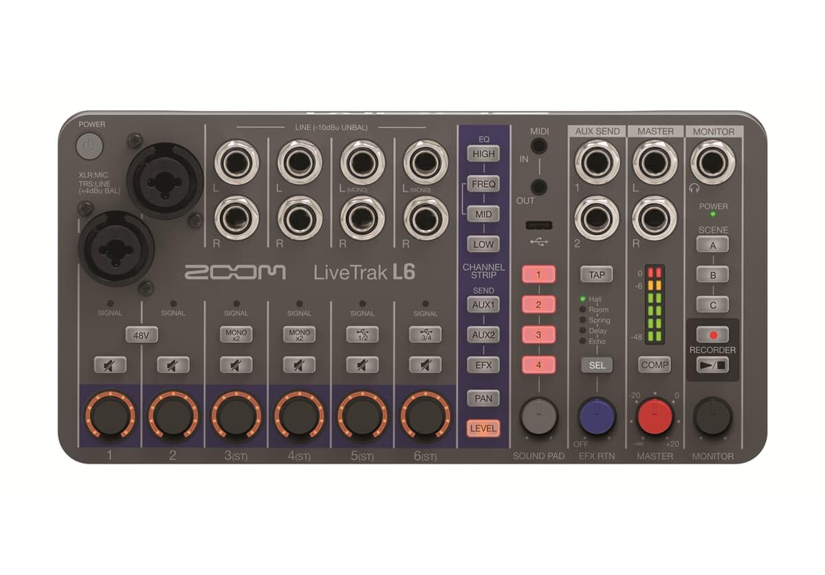 Zoom LiveTrak L-6 Portable 10 Track Digital Mixer | Multi-track Recorder and Interface | XLR-TRS | 32-bit | Delay | Echo | Rever