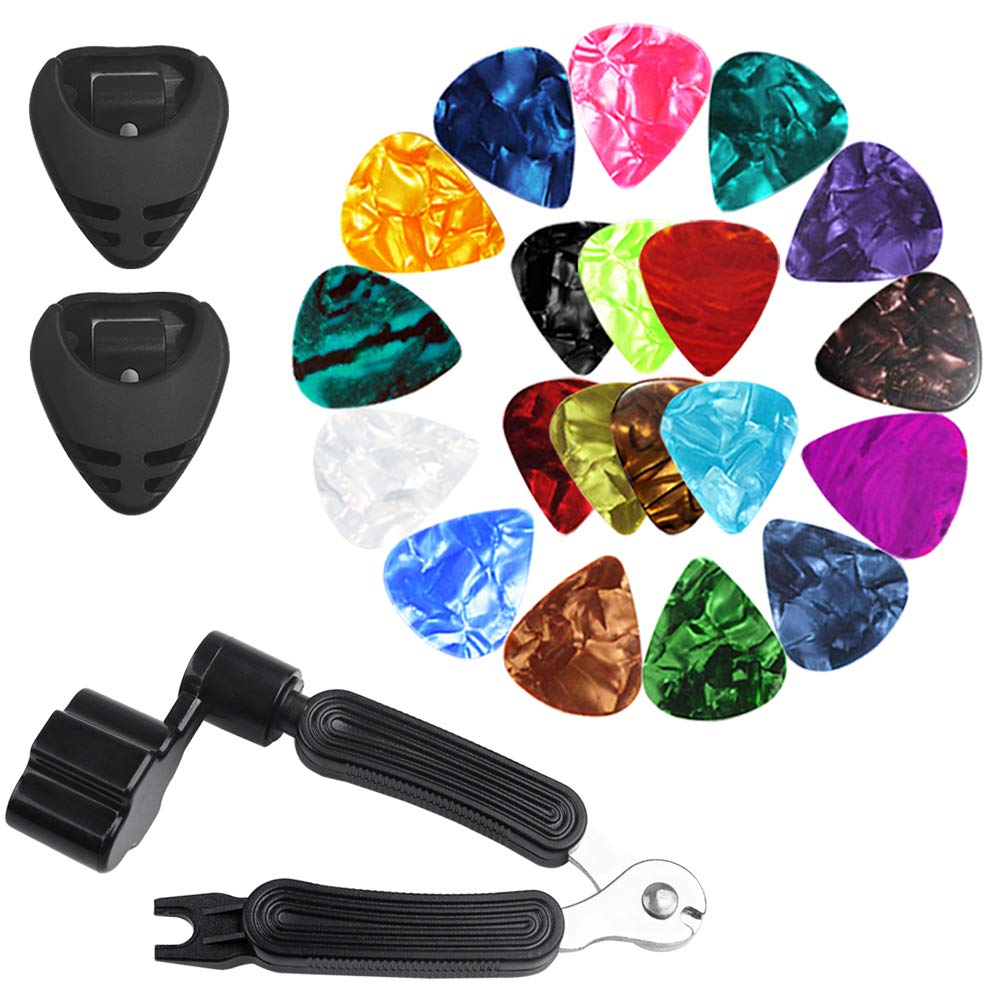 Maxin 20 Pcs Celluloid Guitar Picks With 2 Pick Holders And String Winder - 3 In 1 Suitable For Electric Guitar, Bass, Ukulele