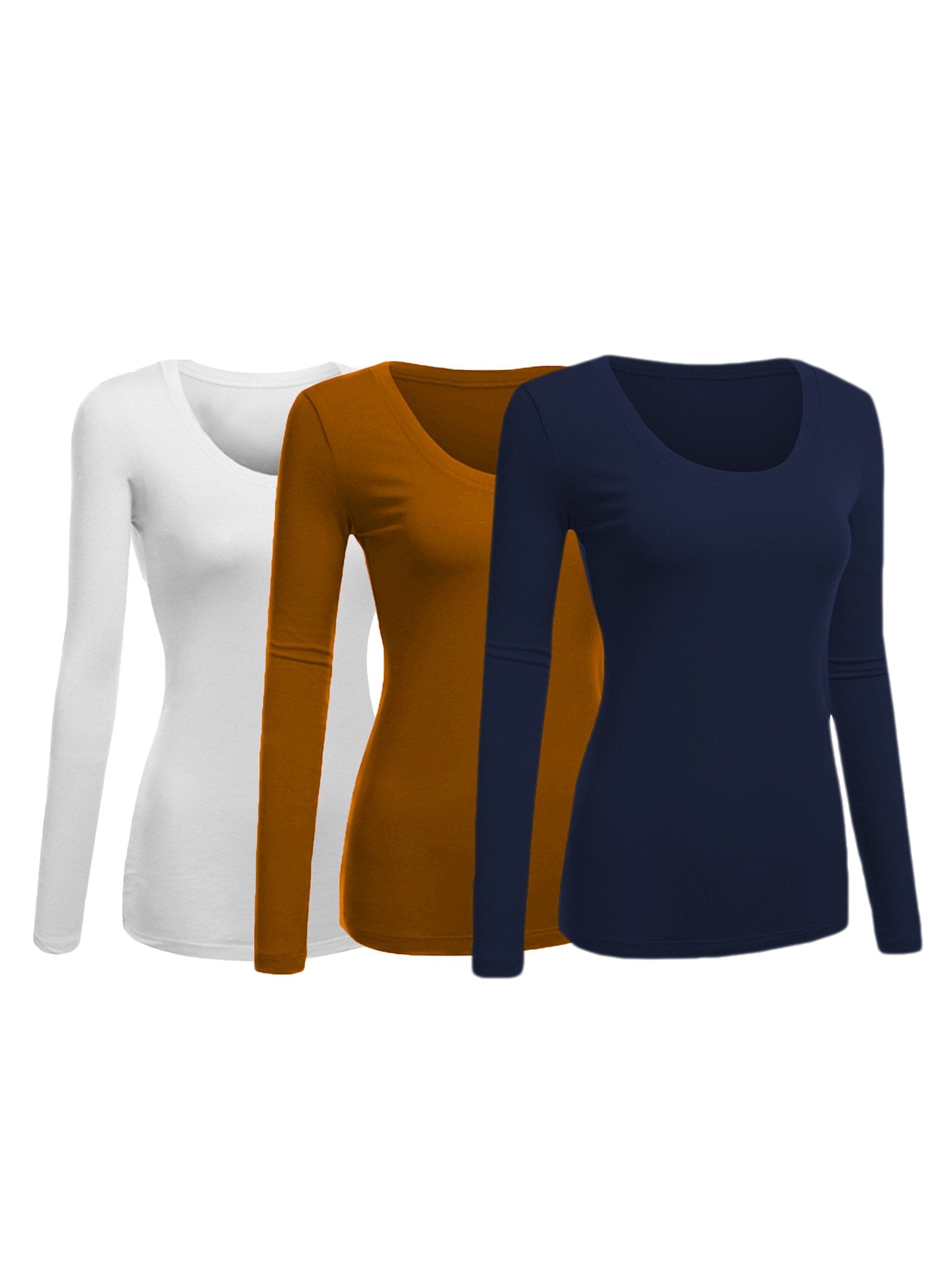 Emmalise Womens Junior And Plus Size Basic Scoop Neck Tshirt Long Sleeve Tee, 2Xl, 3Pk White, Dk Mustard, Navy