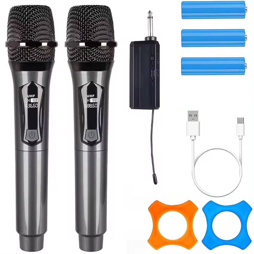 Kh Wireless Microphone, Uhf Dual Cordless Dynamic Mic System With Rechargeable Receiver, For Karaoke, Dj, Speech, Wedding, Party