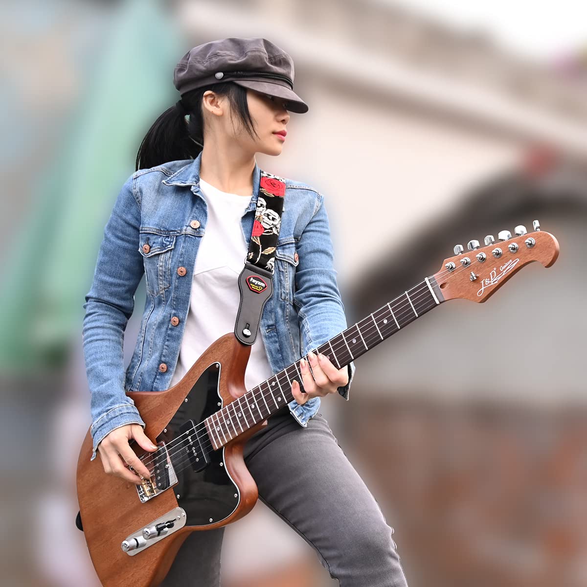 Rayzm Guitar Strap/Bass Strap, Cotton Belt for Acoustic/Electric/Bass Guitar with Plectrum Picks Pocket, Beautiful Rose with Coo