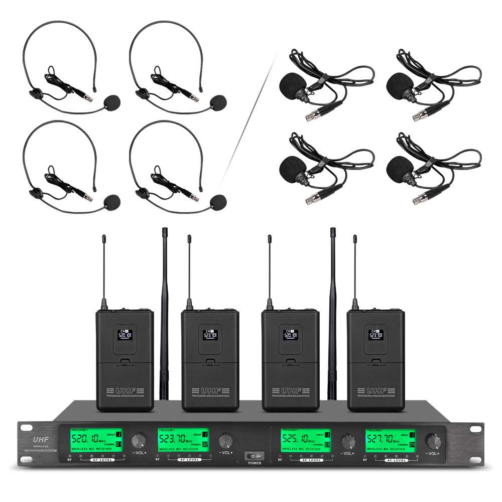 Wireless Microphone System Pro Audio Uhf 4 Channel 4 Lavalier Bodypacks 4 Lapel Mic 4 Headsets For Karaoke System Church Speakin