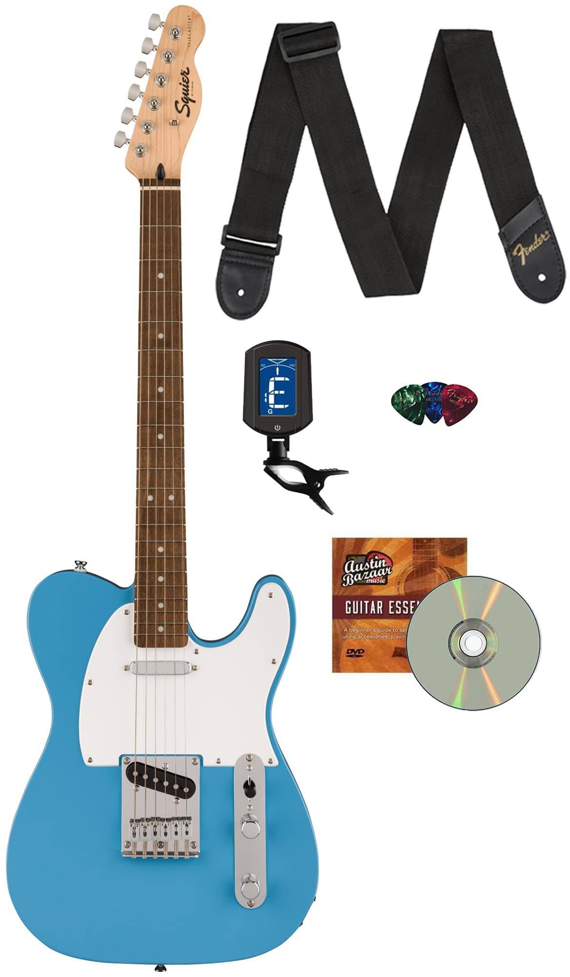 Fender Squier Sonic Telecaster - California Blue Bundle With Tuner, Strap, Picks, And Austin Bazaar Guitar Dvd