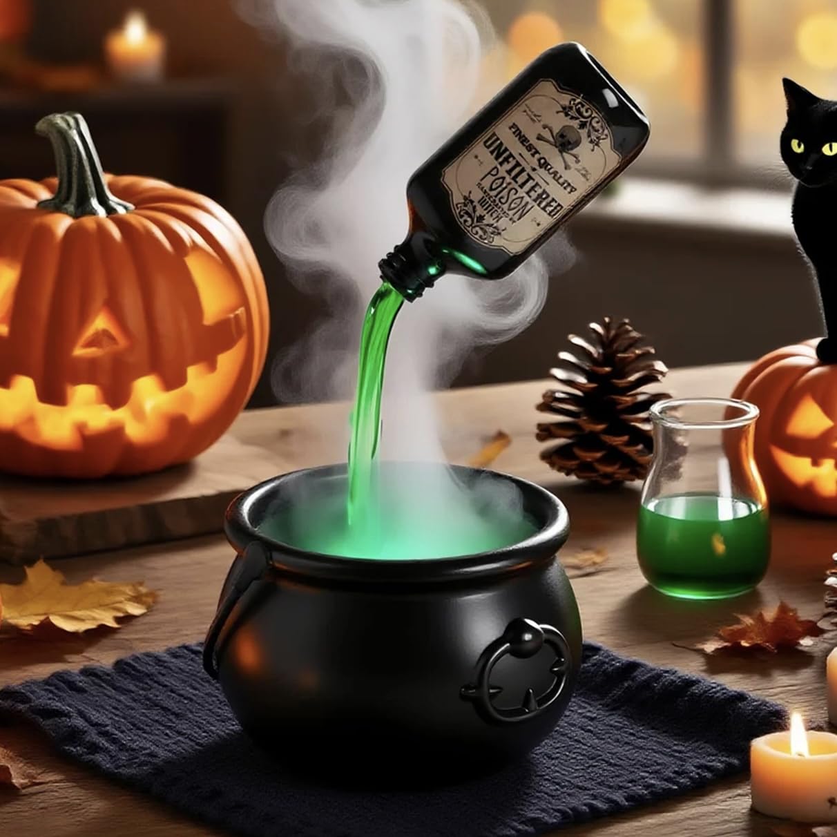 Voplintra Cauldron Halloween Decor with Floating Potion Bottles & Fog Maker - Indoor Halloween Decor for Home, Party, Mantel, Ta