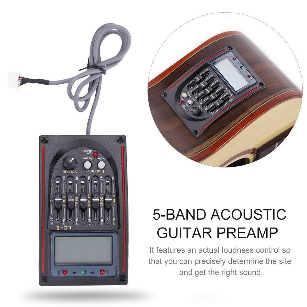 Pickup Guitar Preamp, LCD 5-Band Acoustic Guitar Preamp EQ LC-5 Equalizer Piezo Pickup Tuner Amplifier LCD Mic 1 Set Guitar Pick