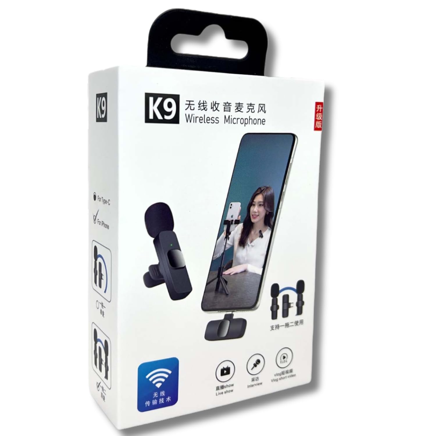 K9 Wireless Microphone Set, Dual Digital Mini Clip-On Mics With Receiver, Ultra-Low Latency, Auto-Pairing, 20M Range, Compatible