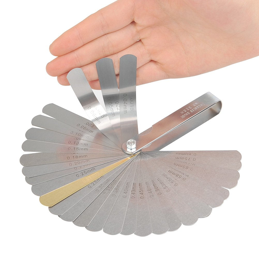 TIMESETL 2Pack Stainless Steel Feeler Gauge Dual Marked Metric and Imperial Gap Measuring Tool 32 Blades + String Action Ruler G