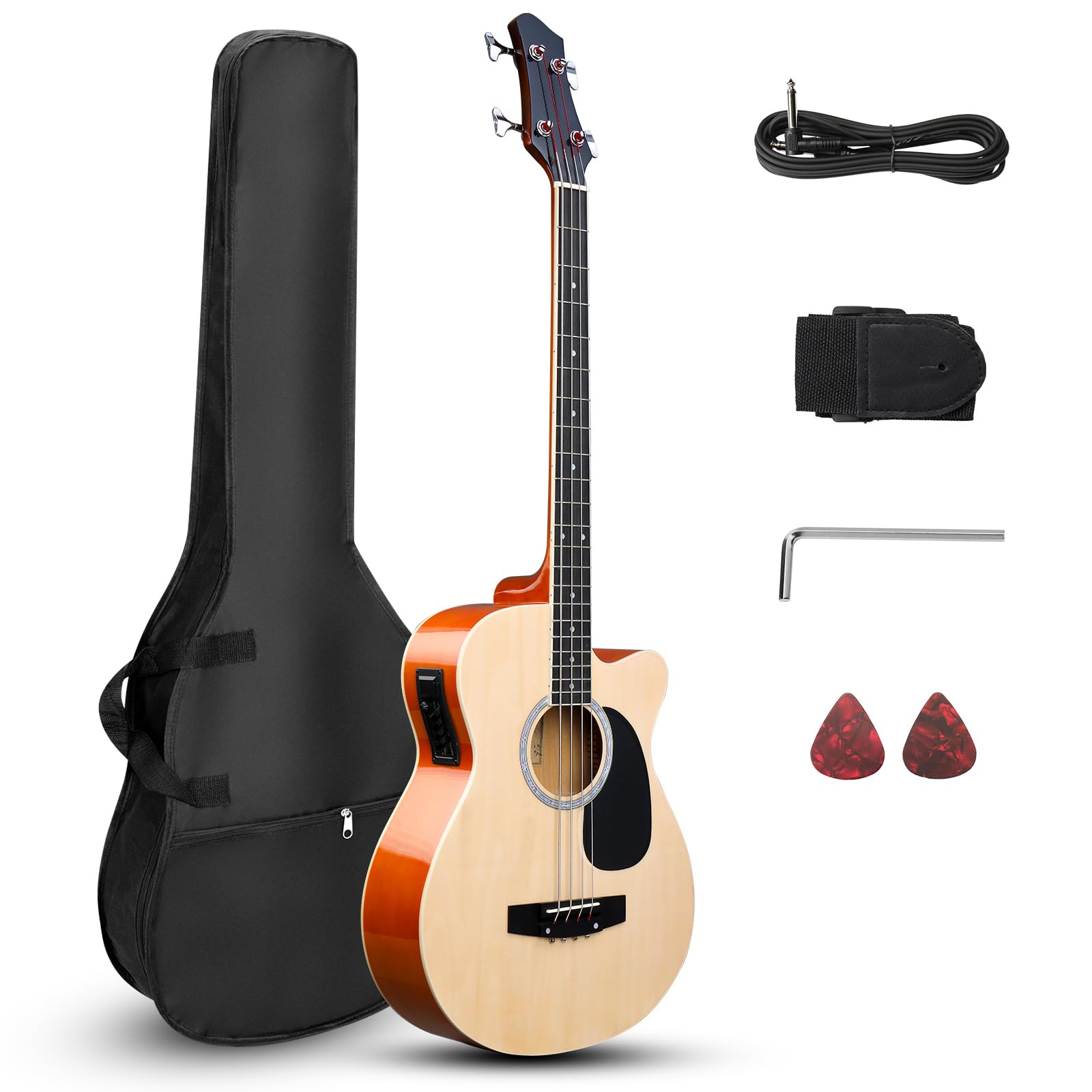 Ktaxon 4 String Acoustic Bass Guitar, Full Size Bass Guitar Kit With Portable Guitar Bag, Premium Cable, Wrench, Strap, Plectrum