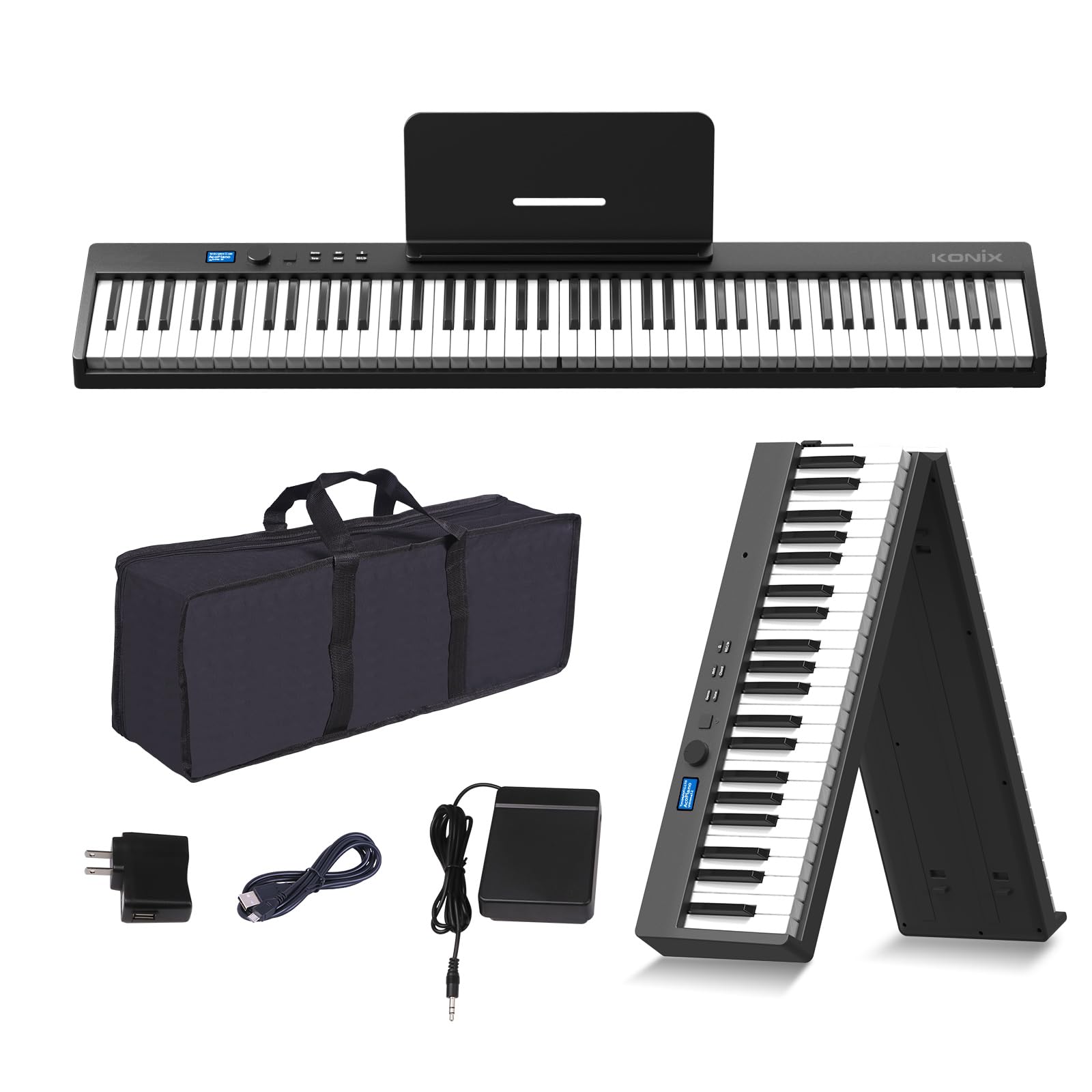 KONIX Foldable Piano Keyboard, 88 Key Full Size Semi Weighted Folding Piano Keyboard, Bluetooth Portable Electronic Keyboard Pia
