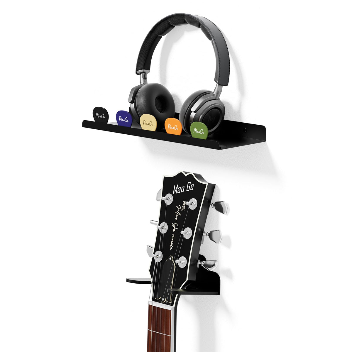 Jniheep Metal Guitar Wall Hanger With Pick Slot, Wall Mount & Accessories Shelf, Anti-Slip Padding For Electric, Acoustic Guitar