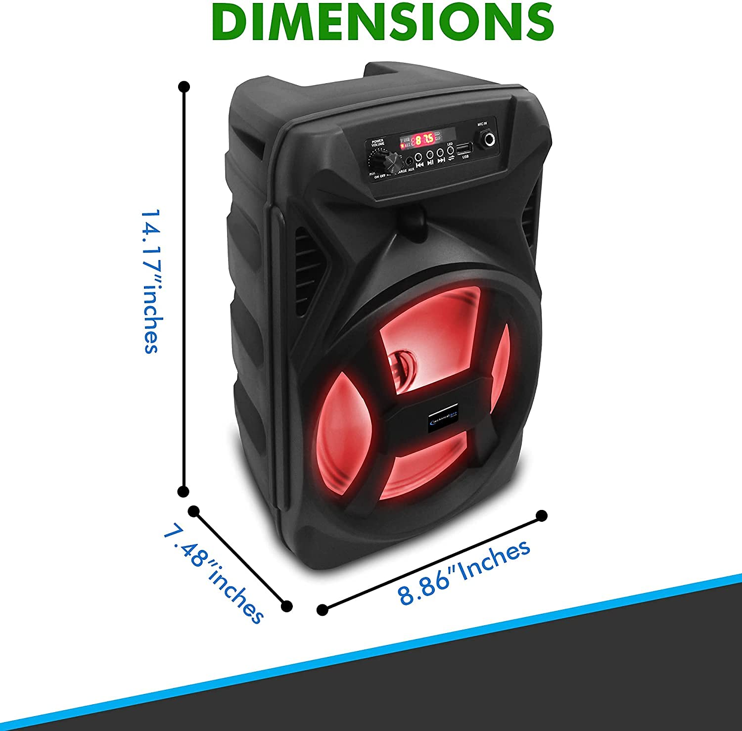 Technical Pro 500 Watts Portable 8 Inch Bluetooth Speaker w/Woofer & Tweeter, True Wireless Stereo w/Digital Processing Wired Mi