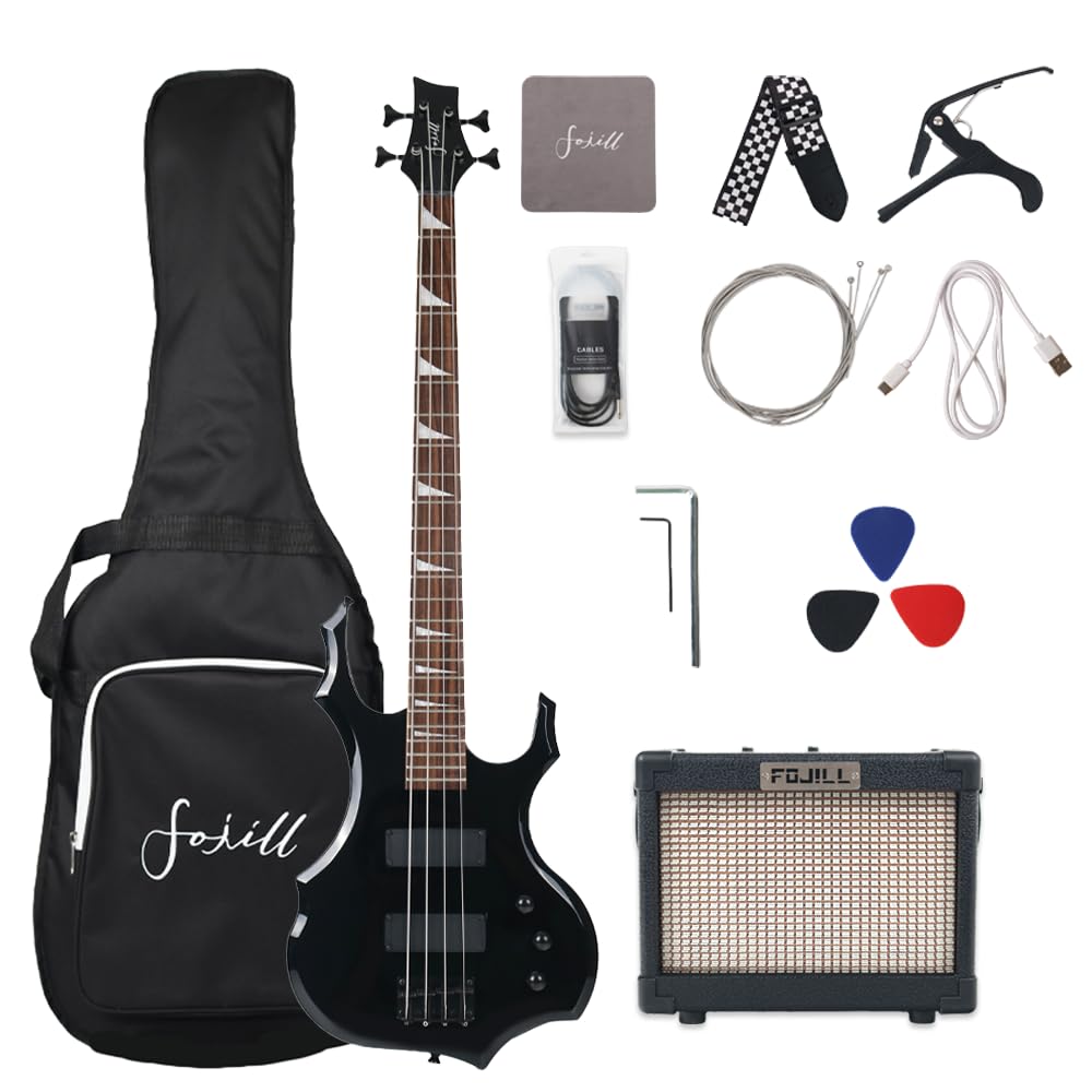 Fojill Full Size 4 Four String Electric Bass Guitar 10W Battery Power Bluetooth Amplifier Amp Beginner Starter Kit Set Combo Bun