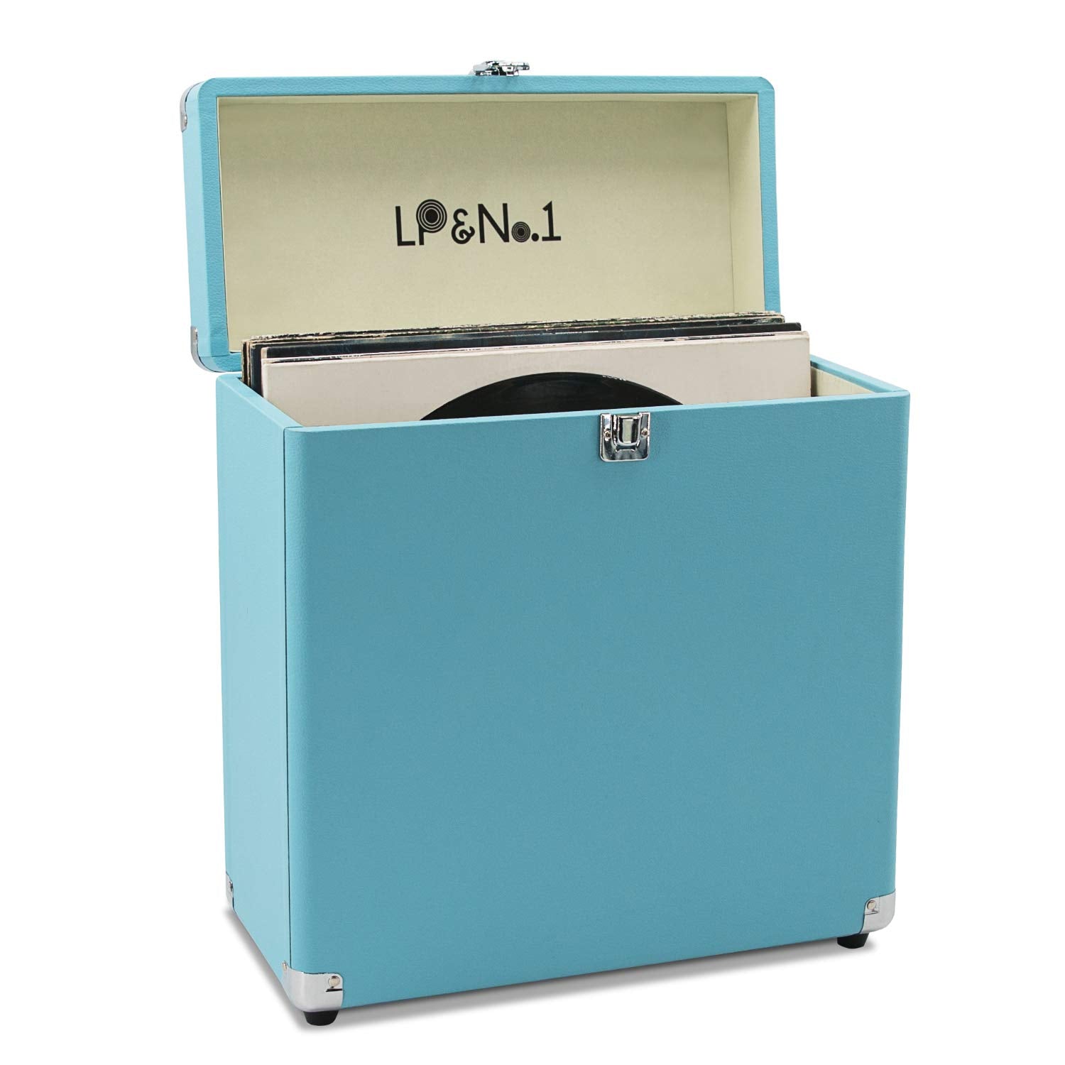 LP&No.1 Vintage Vinyl Record Storage Case,Portable Records Carrying Box, (Turquoise)