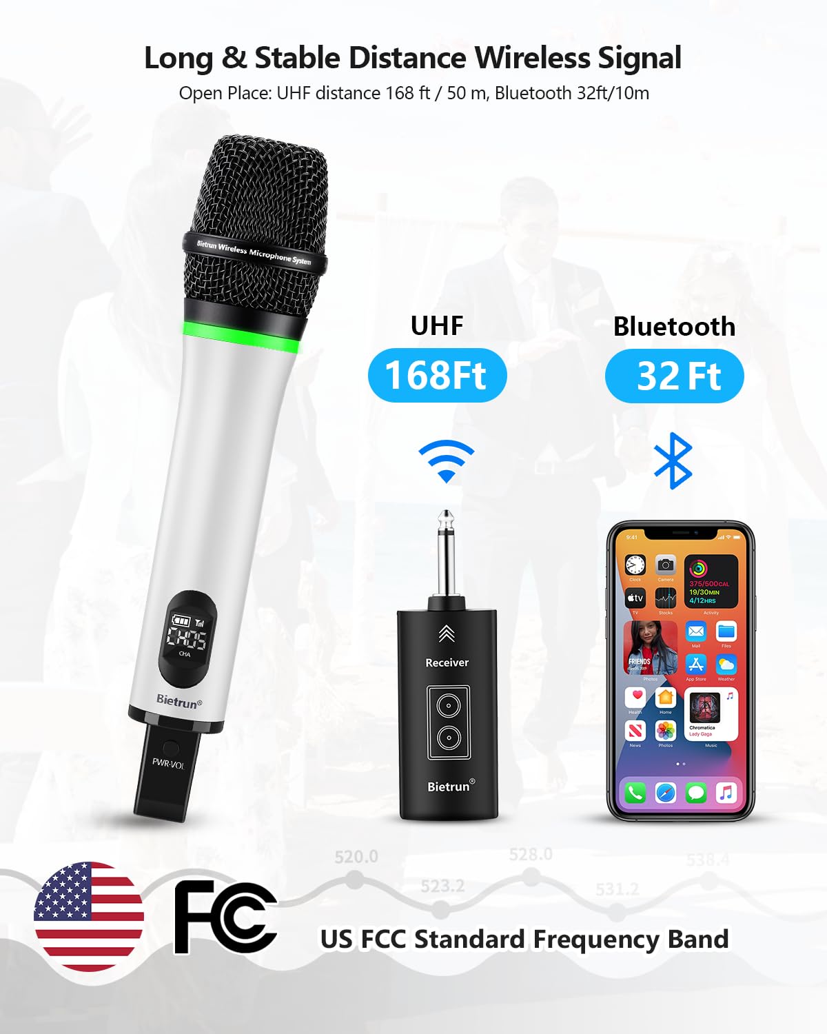 Bietrun Wireless Microphone Rechargeable, 168FT Range Bluetooth Microphone Wireless (Work 7 hrs) with 1/4'' Output, UHF Metal Ha