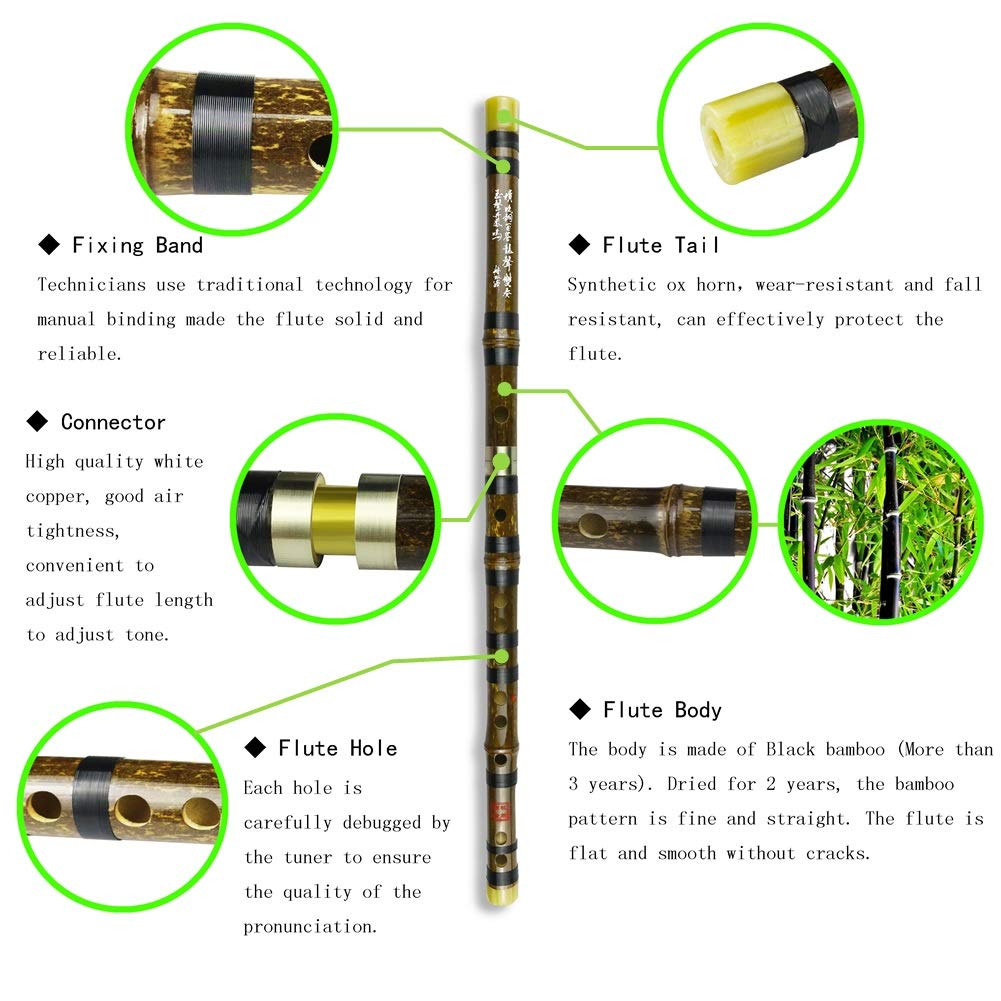 G Key Dizi Black Bamboo Flute with Free Membrane & Glue & Protector Set Traditional Chinese Instrument (Key of G/Black Bamboo)