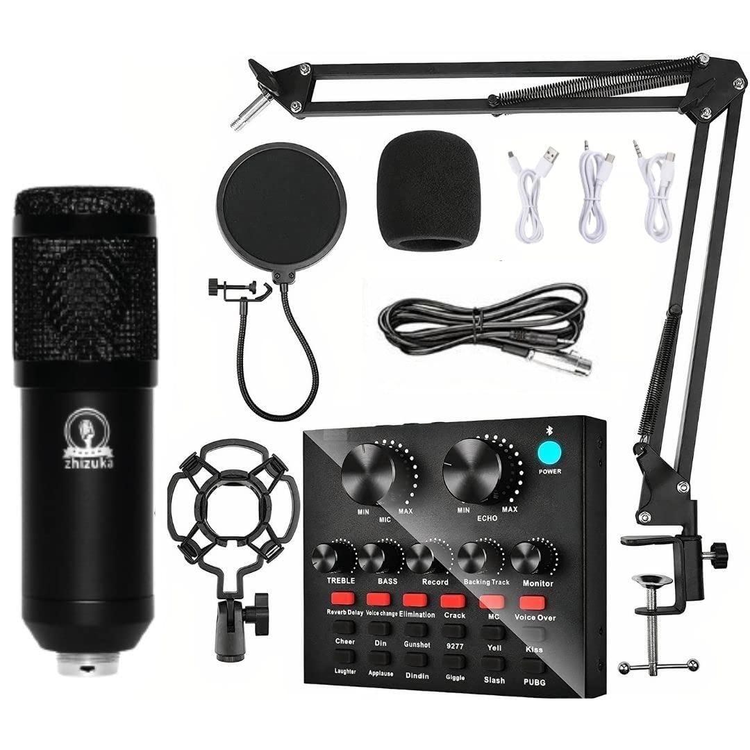 Zhizuka Condenser Usb Microphone Set V8 Sound Card Mixer Amplifier Voice Changer Audio Interface | Singing Smule Live Streaming 