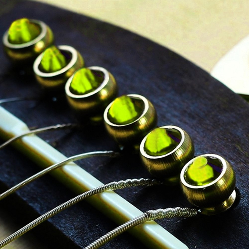 6Pcs Bridge Pin Copper Material Folk Acoustic Guitar Bridge Pin Peg Nail With Colorful Crystal Glass Dot(Green)