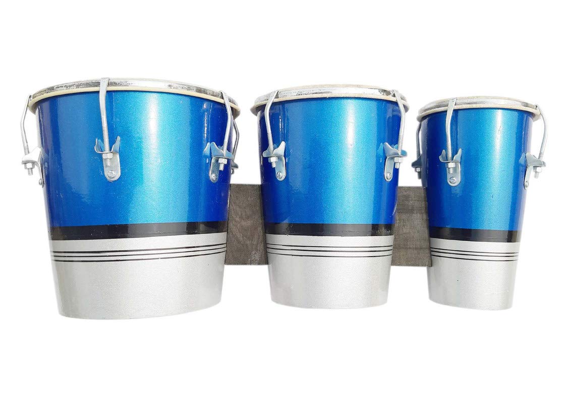 Ganpati Traders 8 Inch Professional Three Piece Hand Made Mango Wooden Bango Drum Set (Blue & Silver)