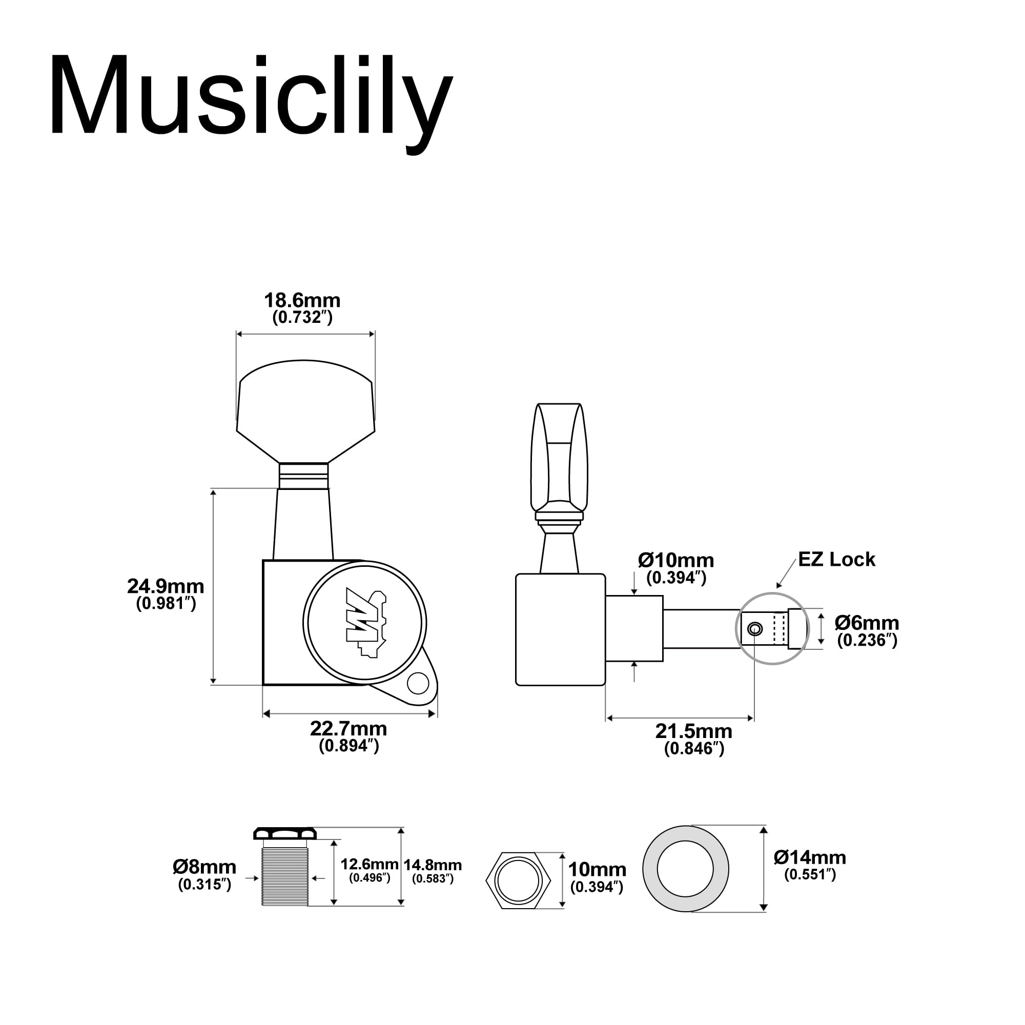 Wilkinson WJN07 6 inline EZ-LOK Guitar Tuners Machine Heads 19:1 Ratio Tuning Pegs Keys for Fender Strat Stratocaster Tele Telec